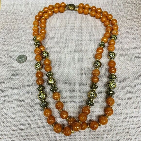 VTG Double Strand Orange Acrylic Gold Beaded Necklace - Picture 1 of 3